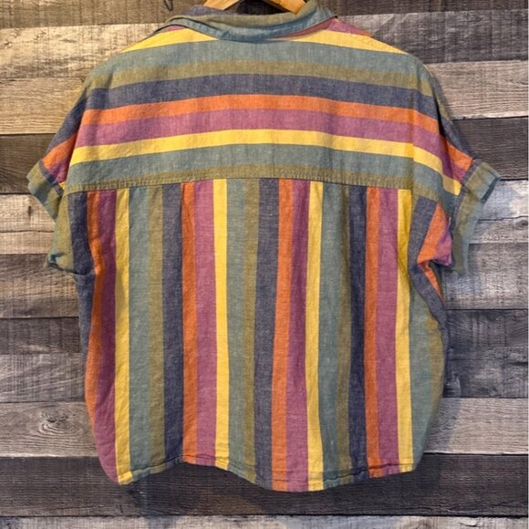 Madewell Striped Linen Short Sleeve Tie Front Shirt S Fall Rainbow Stripe - Picture 3 of 6